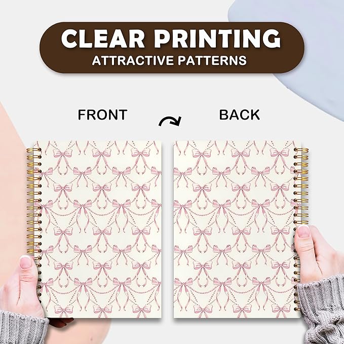 VIIJJUE Cute Preppy Pink Bow Notebook,Preppy Girly Journal, Coquette Girly Office Supplies, Aesthetic Hardcover Spiral Notebooks, 5.5x8.3 Inch