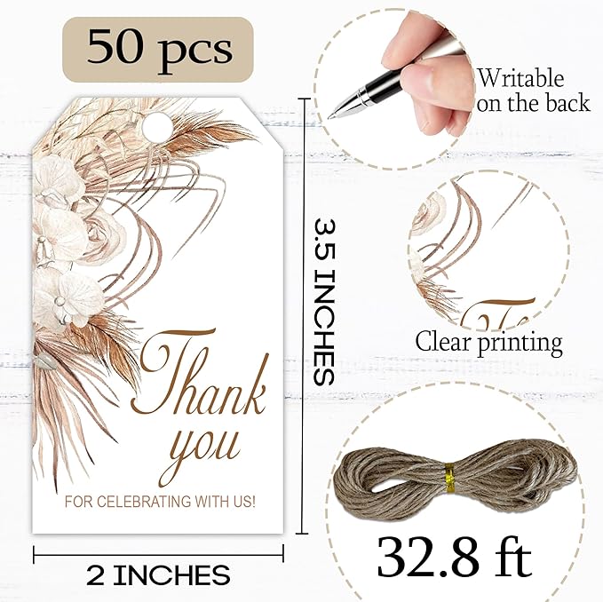 Thank You for Celebrating with Us Tag, 50 Pcs Boho Thank You Paper Lables, 2x3 Inch Gift Tags with String for Wedding Birthday Baby Shower Bridal Shower, Party Decoration-A05