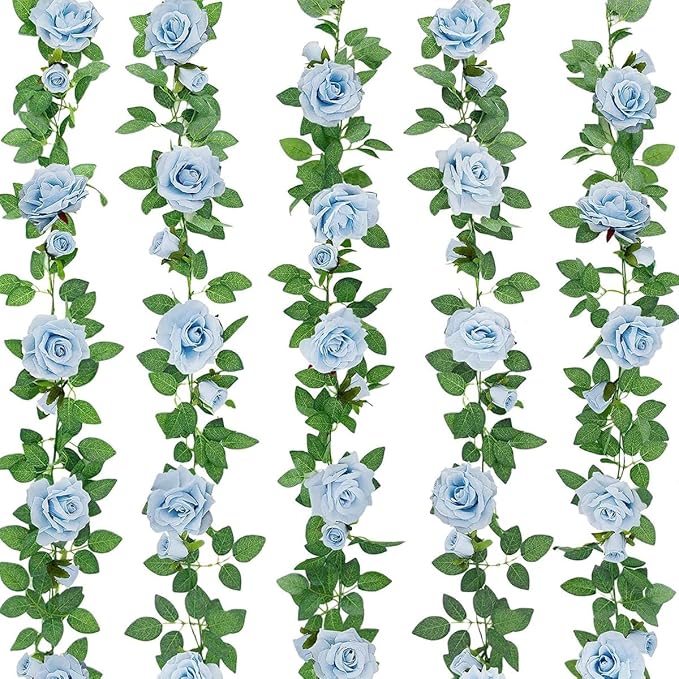 ZIFTY 5Pcs 32.5FT Blue Flower Garland Fake Flower Vines Faux Artificial Floral Garland Hanging Rose Ivy for Wedding Decortions Arch Garden Ceremony Background Outdoor Wall Decor