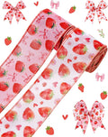 2 Roll 10 Yards Strawberry Wired Edge Ribbon 2.5 Inch Strawberry Bow Heart Daisy Fabric Ribbon Strawberry Gift Wrapping Ribbon for Crafts, Hair Bows, Wreath, Summer Party, Holiday Decor