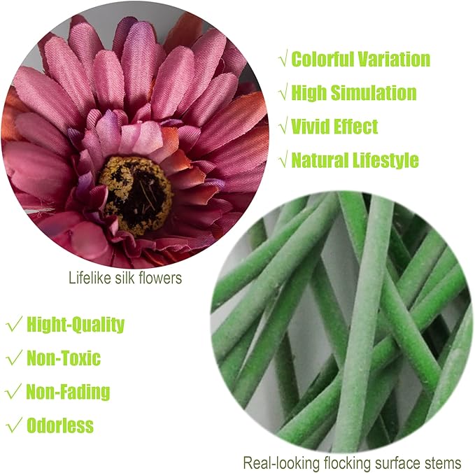 12pcs Artificial Gerbera Daisies,22 Inch Long Stem Silk Daisy Flowers,Realistic Artificial Flower Mums for Home Décor Centerpiece Wreath Supplies Wedding Bouquet,Light Wine
