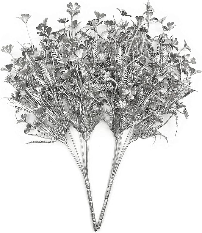 PASYOU Artificial Plants for Christmas Decor, Plastic Grass Faux Shrubs Simulation Flower Leaves Indoor Outdoor Home Garden Planter Filler Party Hotel Verandah Wedding DIY Decoration - Silver 4 Pack