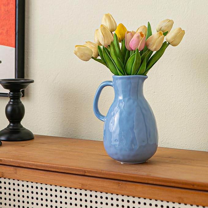 Blue Ceramic Vase with Handle, Pitcher Vases for Modern Farmhouse Home Decor, Small Pottery Flower Jug for Living Room Bedroom Kitchen Office Shelf Decor Centerpiece Table Decoration