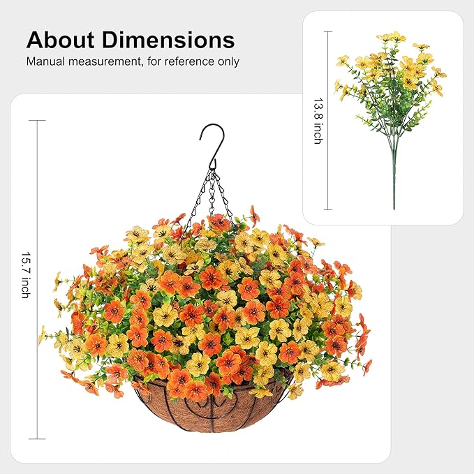 HyeFlora Artificial Fake Hanging Mums Plants Flowers Basket for Fall Autumn Outdoor Decor, Faux Silk Orange Dasiy Flower Look Real UV Resistant for Outside Porch Home Patio Garden Decoration