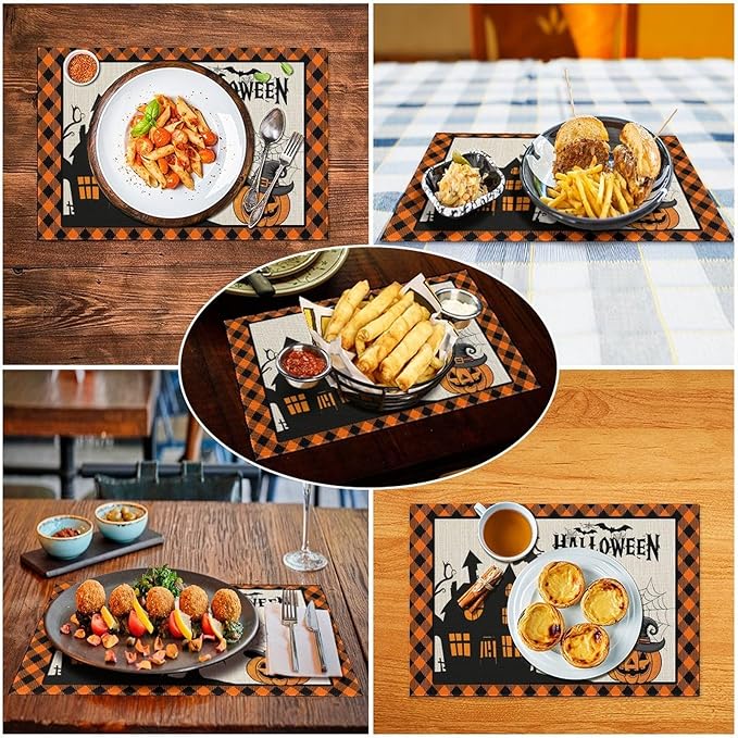 Halloween Placemats Cartoon Retro Funny Horror Castle Spider Web Magic Witch Pumpkin Bat Pumpkin Placemats Table Kitchen Dining Party 12x18 Inch Set of 6