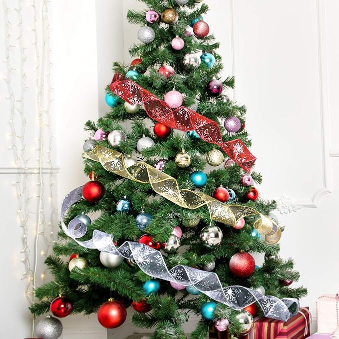 2.5 Inch Wide Christmas Wired Ribbon Snowflake Organza Sheer Glitter Ribbon for Xmas Tree, Wreath, Party Decoration, Gift Wrapping (Red, 21.9 Yards)