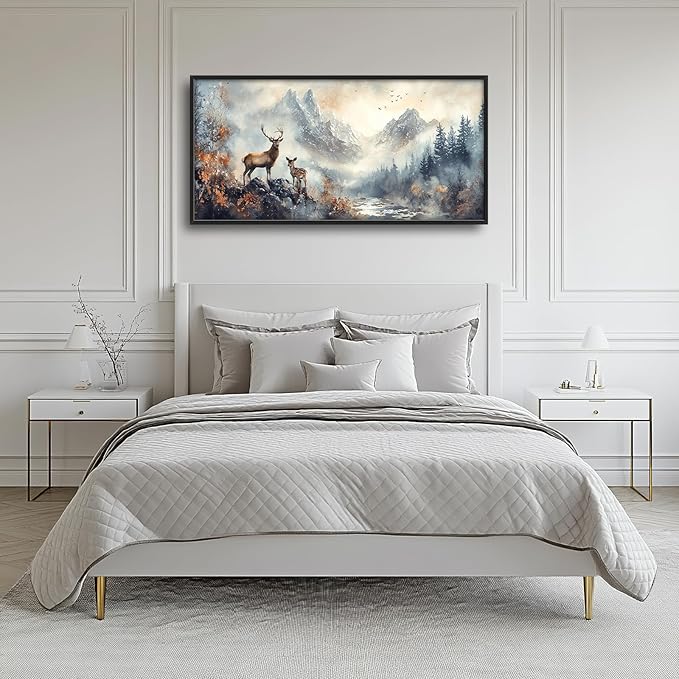 Deer Wall Art Large Wildlife Nature Mountain Landscape Pictures Wall Decor Rustic Cabin Fall Forest Canvas Prints Nordic Painting Framed Artwork Decoration for Bedroom Living Room Office 60"x30"