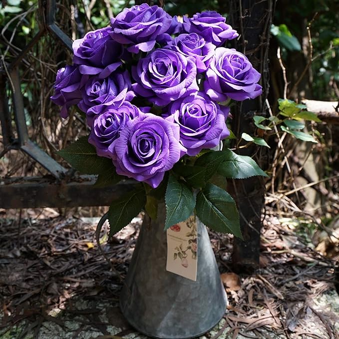 FiveSeasonStuff 12 Stems Artificial Flowers Real Touch Silk Roses for Wedding Decoration Bridal Bouquets Table Centerpieces Party Shower, Packed in Box (Imperial Purple) perial Purple