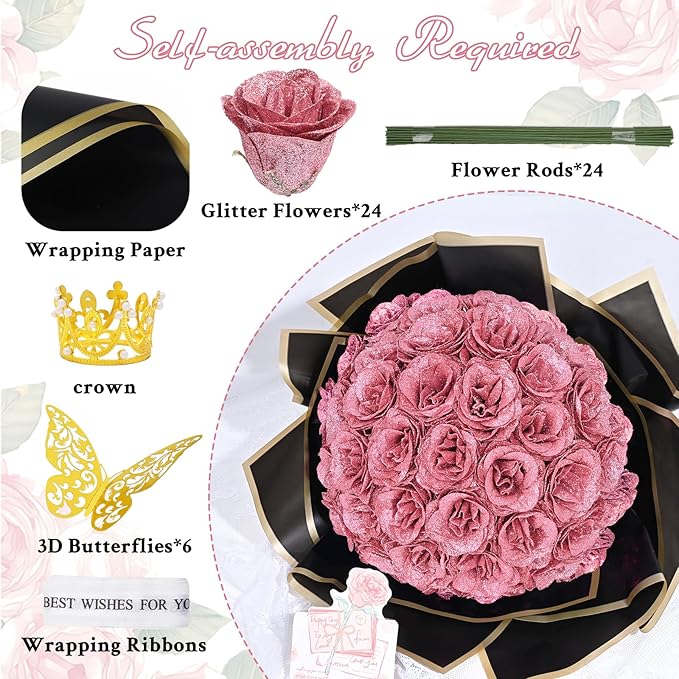 Waipfaru Glitter Roses Bouquet, DIY Fake Flowers Bouquet, Birthday Gifts for Women Mom, 24 Pcs Rose Gold Rose for Wife Girlfriend Valentines, Mothers Day, Anniversary, Graduation