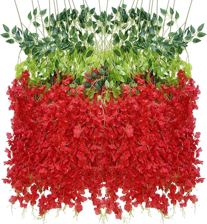 Artificial Wisteria Hanging Flowers Fake Wisteria Flower Garland Silk Vines Rattan Decor for Home Wedding Arch Wall Garden Greenery Bedroom Outdoor Office Party Decoration(24, Red)