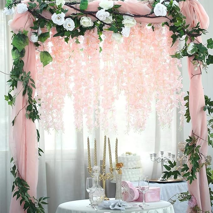 5 Pack Light Pink Wisteria Hanging Flowers Garland, 3.77 Feet Artificial Flower Vines, Fake Wisteria, Artificial Vines Hanging Garland for Backdrop Outdoor Yard Garden Decor