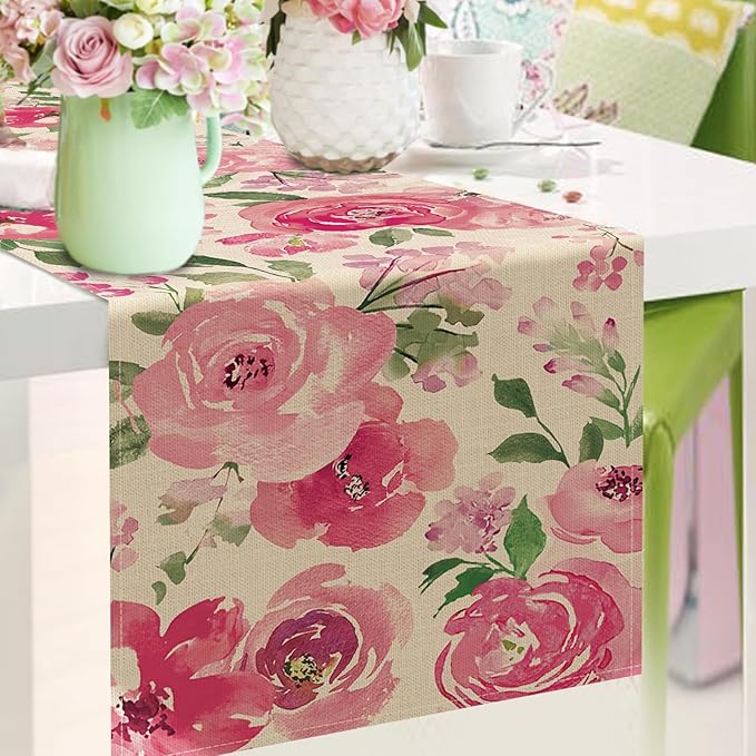 Seliem Spring Summer Watercolor Flower Table Runner, Pink Peony Floral Kitchen Dining Table Decor, Seasonal Burlap Home Decoration Indoor Outdoor Party Supply 13 x 36 Inches