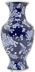 Galt International 14” Hand Painted Chinoiserie Ceramic Vase – Antique Style Porcelain Flower Bottle by Galt International, Fishtail Chinese Vase for Home Decor & Centerpiece - Dark Blue Floral