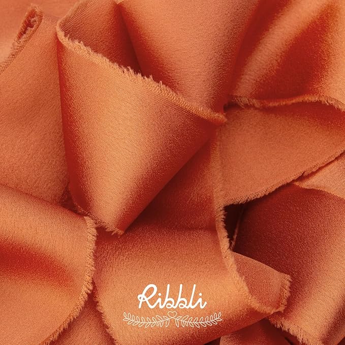 Ribbli Terracotta Silk Satin Ribbon 1.5 Inch x 30 Yard Handmade Frayed Chiffon Burnt Orange Ribbon for Gift Wrapping Wedding Invitations Bridal Bouquets Home Decor