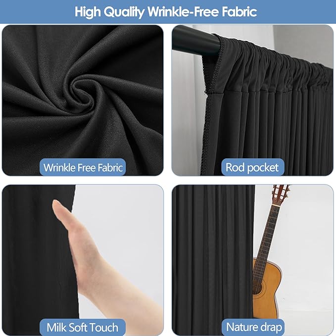 20x10ft Wrinkle Free Black Backdrop Curtain for Parties Soft Fabric Drapes Wedding Black Curtain Backdrop for Birthday Party Decorations Background for Photography 5x10ft, 4 Panels