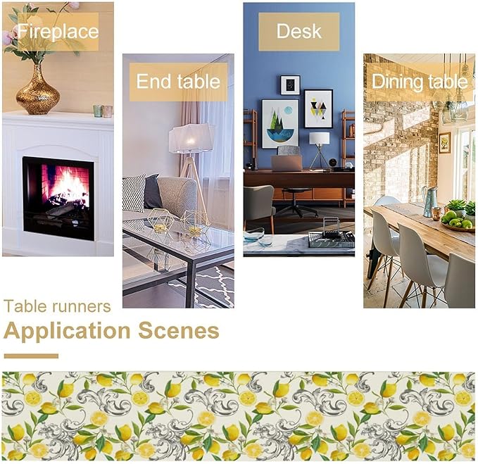 Lemon Table Runner , Summer Yellow Fruits Green Leaves Kitchen Dinning Table Decoration for Indoor Outdoor Home Party Decor 13"x70"