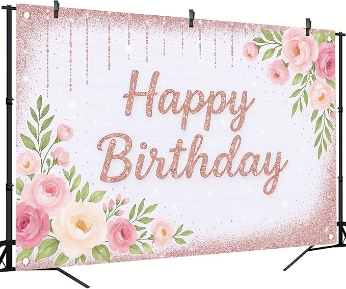 Rose Gold Birthday Backdrops Banner Floral Pink Flower Glitters Happy Birthday Photography Background for Women Girls Wedding Baby Shower Decor Party Photo Booth Supplies 6x4ft