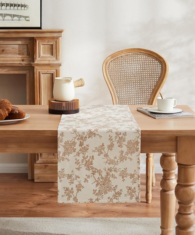 100% Cotton French Pastoral Table Runners, 13x60 Inch Brown Farmhouse Table Runners 60 Inches Long, Vintage Flowers Print Home Decors