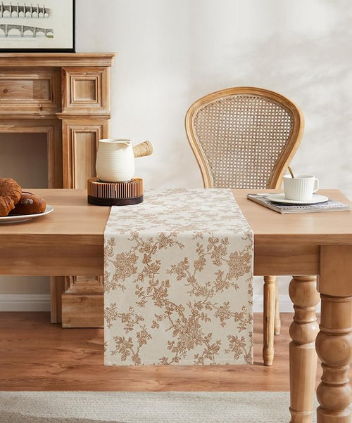 100% Cotton French Pastoral Table Runners, 13x36 Inch Brown Farmhouse Table Runners 36 Inches Long, Vintage Flowers Print Home Decors