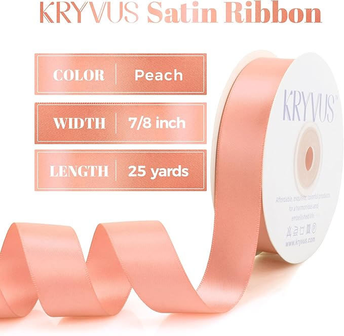 Premium Double Faced Peach Satin Ribbon, 7/8 Inch X 25 Yards, Polyester, Perfect for Gift Wrapping, Crafts, Wedding Decor, Formal Occasions