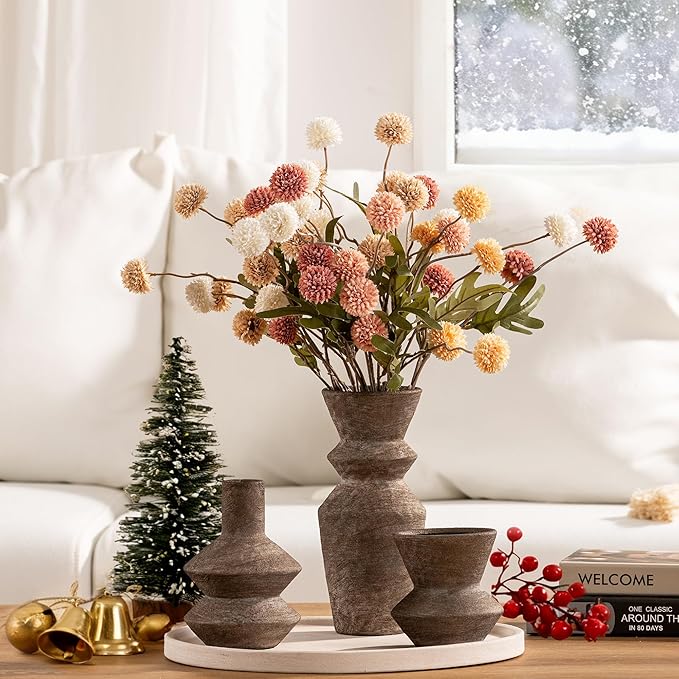 Ceramic Vase Home Table Decor - Brown Flower Vase Set of 3 Living Room Kitchen Decorations Farmhouse Modern Rustic Vases Decorative Centerpiece for Shelf Bedroom Office Bathroom Dining Coffee Desk