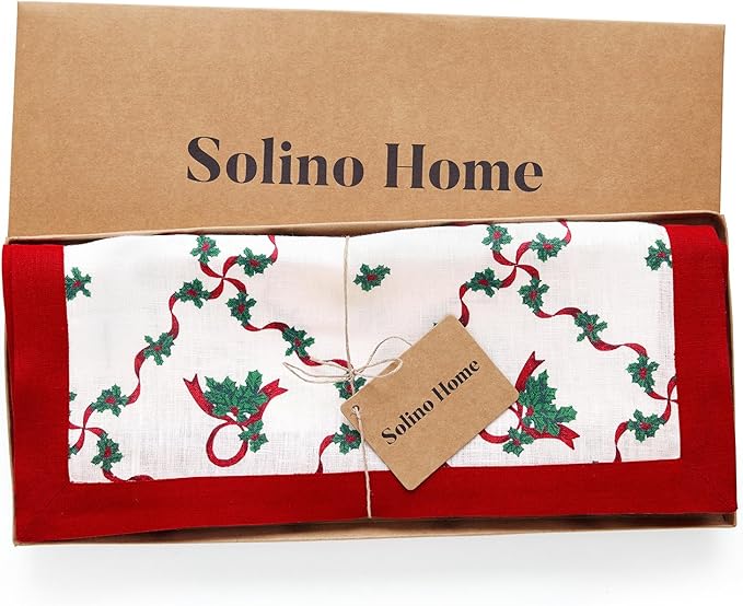 Solino Home 100% Pure Linen Christmas Table Runner 120 Inches Long - Red and Green Table Runner 14 x 120 Inch - Handcrafted and Machine Washable - Holly Ribbon Print