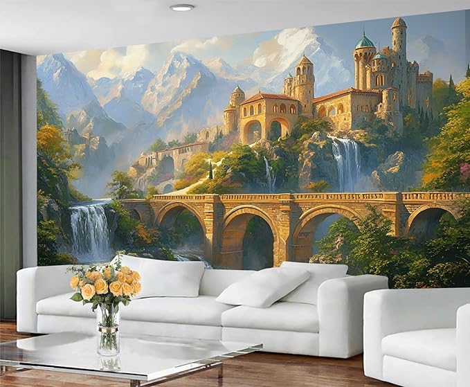 Fantasy Castle Wall Mural, Magical Waterfall Landscape 3D Wall Murals, Royal Palace Wallpaper Mural, for Living Room Bedroom Large Wallpaper Indoor Decor 118" W x 82.6 "H