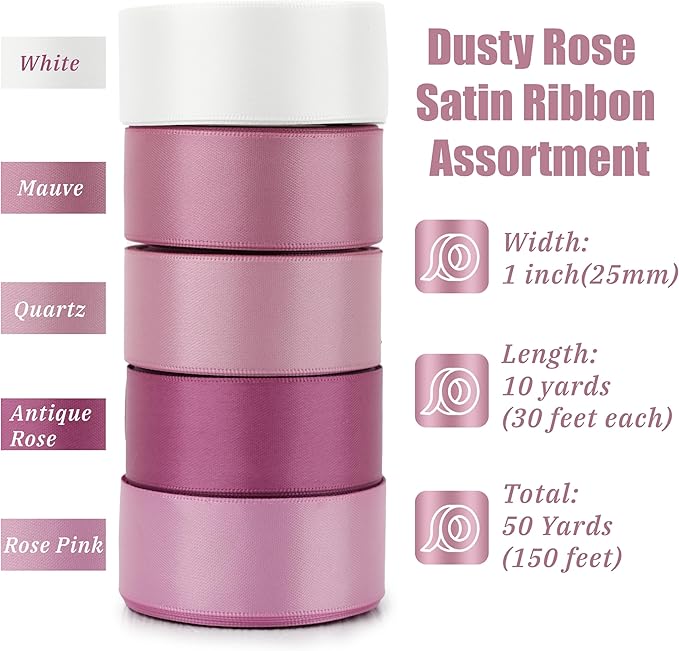 Rose Pink Satin Ribbon Assortment - 5 Rolls, 50 Yards for Wedding, Baby Shower, Gift Wrapping, Crafts & Flower Bouquets