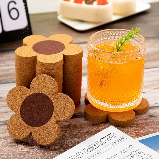 Foaincore 24 Pcs Thick Flower Cork Coasters for Drinks 4 Inch Absorbent Reusable Farmhouse Rustic Wood Drink Coasters for Coffee Wine Mug Desk Glass Table Aesthetic Cute Apartment Decoration