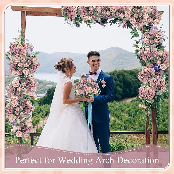 6 Pcs Artificial Peony Silk Florals Fake Mix Silk Peony Rose Faux Flower Hydrangea Bouquet Elegant Realistic Wedding Floral Centerpiece for Home Party Table Arrangement (Champagne with Purple)