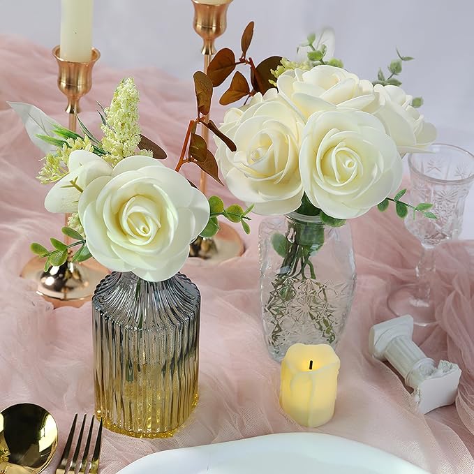 Meldel Artificial Flowers 50pcs Real Looking Beige Foam Fake Roses with Stems for DIY Wedding Bouquets Bridal Shower Centerpieces Floral Arrangements Home Decorations