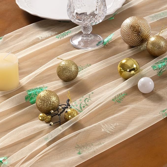 Socomi Christmas Tree Table Runner Gold Gauze Sheer Chiffon Cheesecloth Sequin 10FT Glitter Metallic Foil Dining Wedding Birthday Party Winter Holiday Centerpiece Table Decor 3pcs Beige