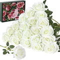 20PCS Artificial White Roses, 3.9'' Silk Flower Head Fake White Rose with Long Stems, Realistic Faux Roses Bouquet for DIY Wedding Home Party Office Decoration