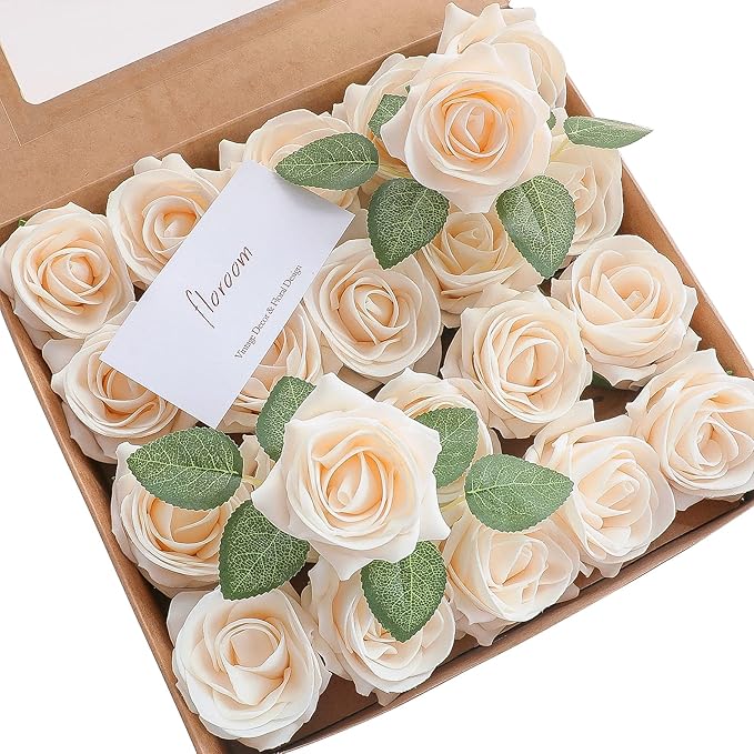 Floroom Artificial Flowers 20pcs Real Looking Cream High-Centered Foam Fake Roses with Stem for DIY Wedding Bouquets Bridal Shower Centerpieces Floral Arrangements Party Tables Home Decorations