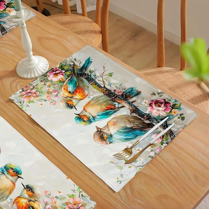 Botanical Birds Placemats Set of 4 Bird Pictures Farmhouse Rustic Flower Kitchen Mats Waterproof Washable Table Mats for Kitchen Dining Decoration 4 PCS