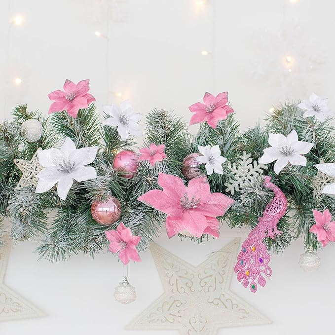 WILLBOND 24 Pcs 3 Size Poinsettia Flower Artificial Christmas Decor Glitter Poinsettia Christmas Ornaments Faux Flowers for Xmas Tree Outdoor(3.2/4/6 Inches,Pink and Silver)