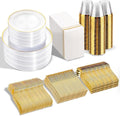 SUT 700Pcs Plastic Dinnerware Set for 100 Guests, Clear and Gold Plastic Plates, Disposable Plates and Napkins Party Supplies, Gold Silverware, Plates, Cups and Napkins Sets for Party Weddings