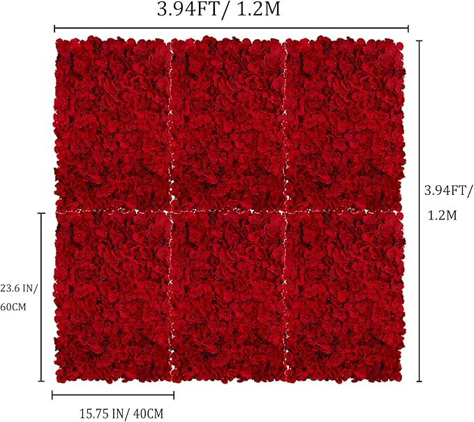 BLOSMON Flower Wall Backdrop Red - 6 Pcs 24 x 16 Inch Artificial Hydrangea Floral Panels for Wedding Party Baby Bridal Shower Decor - Fake 3D Silk Flower Backdrop Decoration