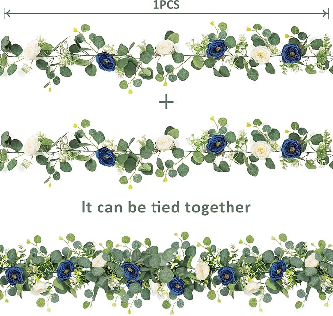 TOCHGREEN 2 Pack 13Ft Artificial Eucalyptus Flower Garland with White and Blue Roses, Fake Rose Flower Greenery Garland Floral Vines for Wedding Home Party Table Runner Decor (Blue White, 2PCS)
