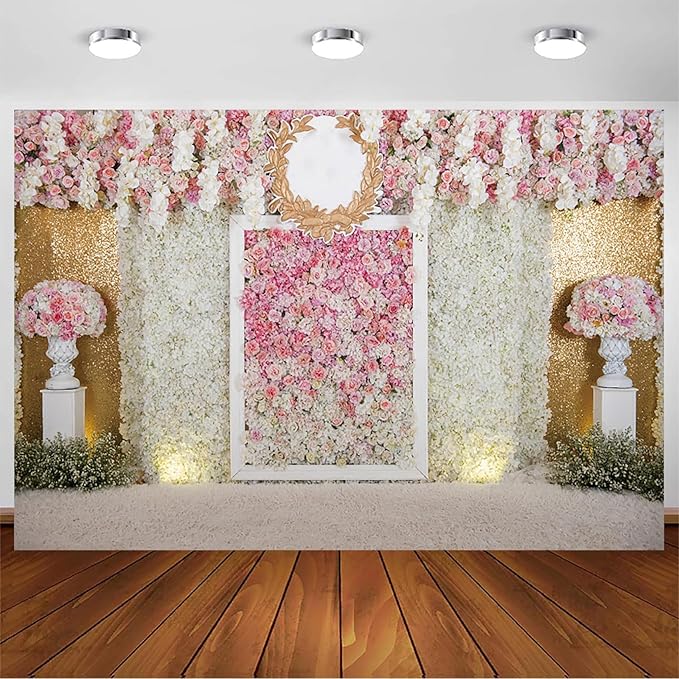 12x10ft Pink Flower Wall Photography Backdrop Proposal Ceremony Wedding Floral Photography Background Women Girl Birthday Party Bridal Shower Decor Banner Photo Booth Props
