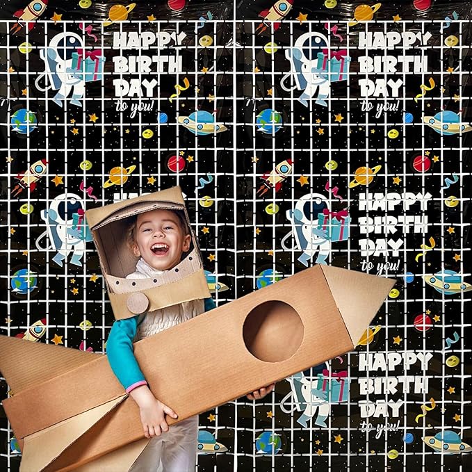 Astronaut Birthday Party Decorations 2 Pack Outer Space Foil Fringe Curtains 3.28 x 6.56Ft Space Tinsel Curtain Backdrop Black Photo Booth Backdrop for Kids Boys Girls Galaxy Birthday Baby Shower