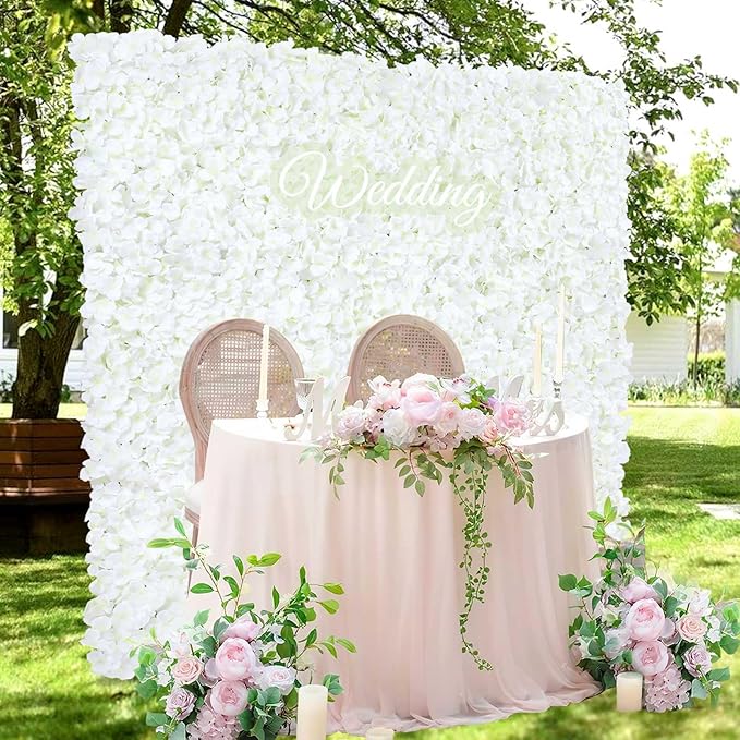 White Flower Wall Panels Backdrop with Green: Wedding Artificial Flower Wall Backdrop 5ft by 7.5ft Hydrangea Floral Wall for Wedding Anniversary Party Decoration (24 Pcs 15 x 15 Inch)