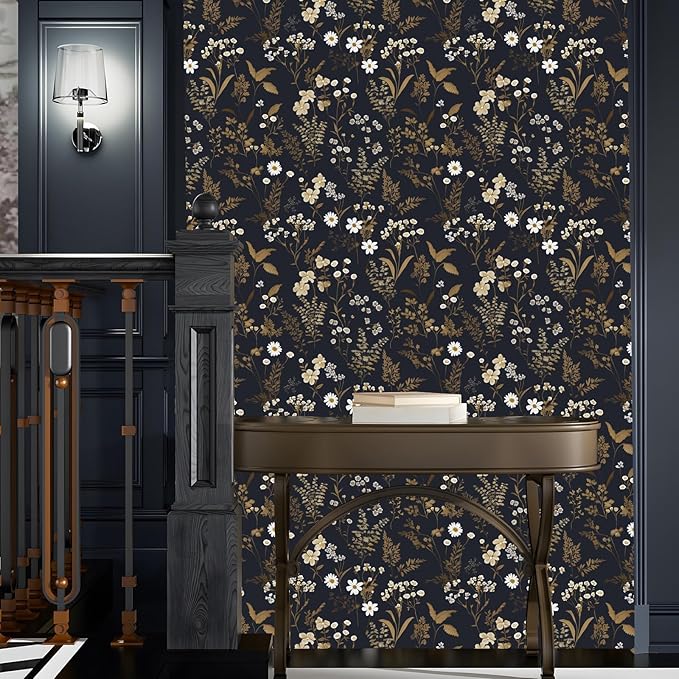 Dark Floral Wallpaper Peel and Stick 17.5in x 393in Navy Gold Leaf Wallpaper Vinyl Waterproof Self-Adhesive Boho Botanical Wall Paper Black Decor for Bathroom Bookcase Bedroom Cabinet