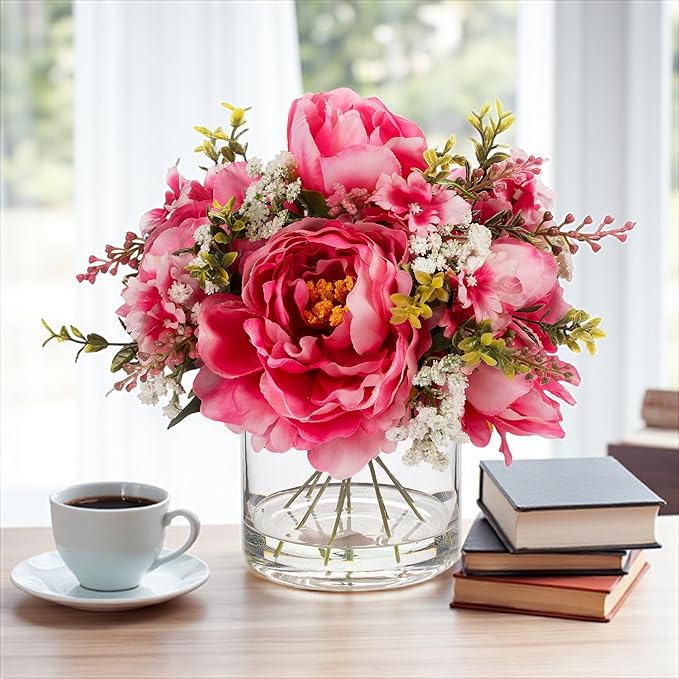 ENOVA FLORAL Artificial Silk Flower Arrangement with Vase,Mixed Artificial Silk Peony Flower in Vase for Decoration Home Office, Wedding Centerpiece (Fushia)