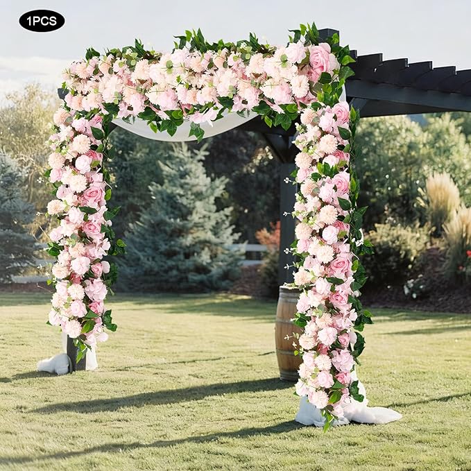 Eapmic Artificial Flower Row, 39.37in Peony Hydrangea Floral Arrangement, Faux Flower Panel Table Centerpiece for Wedding Arch Wall Backdrop Ceremony Reception Home Party Decoration (Pink)