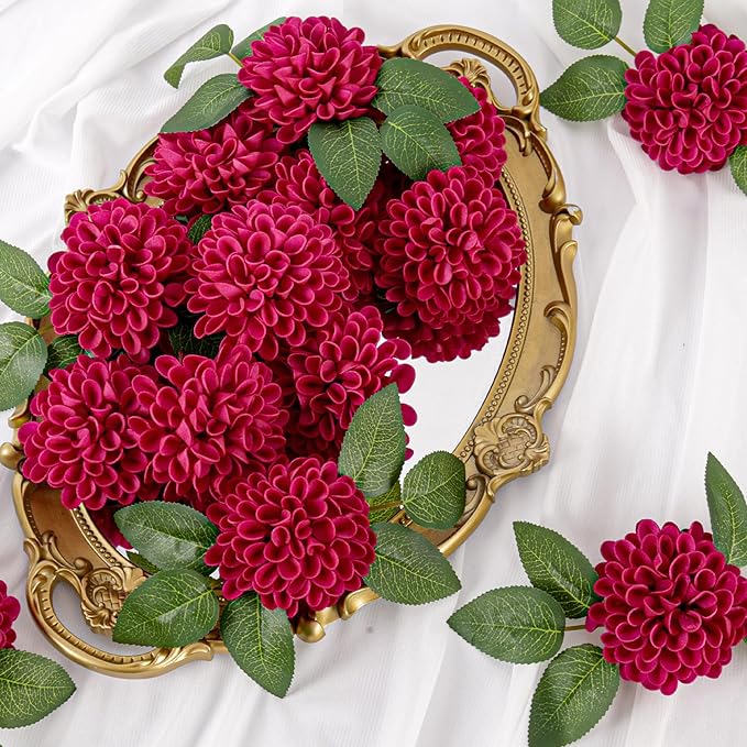 Artificial Flowers, 25pcs Artificial Rose for DIY Wedding Bouquets Centerpieces Arrangements, Hot Pink Dahlia Flowers with Stems for Bridal Shower Party Decoration
