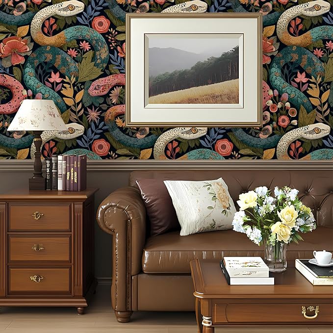 Floral Peel and Stick Modern Animal Wallpaper Whimsical Snake Removable Botanical Leaf 17.7" x 236.22" Wall Paper Watercolor Self Adhesive Contact Paper for Classroom Bedroom laundry room bathroom