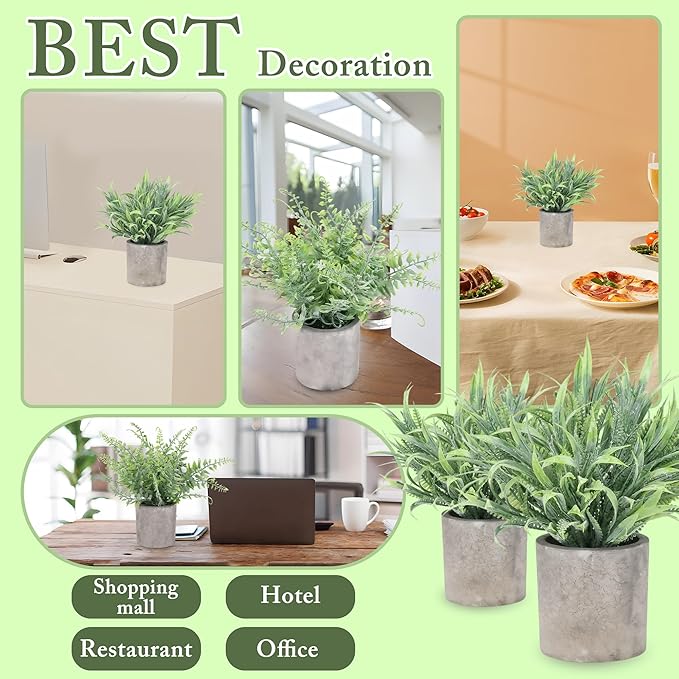 2 Pack Mini Potted Fake Plant, Artificial Plants Indoor, Artificial Frost-Hung,Eco-Friendly Gray Pot, No Need for Maintenance，Ideal Decor for Home and Office (2, Spring Grass + Wild Fern)