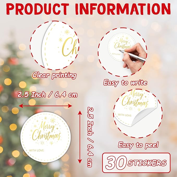 Christmas Gifts Tags Stickers for Gifts, 30 Pcs Gold Merry Christmas Name Tags, 2.5x2.5 Inch Holiday Presents Sticker Labels, Festive Chrismas Name Tag for Gift Wrapping Bags Classroom-D12