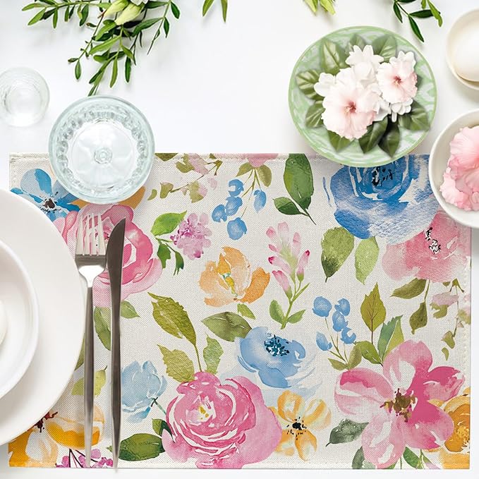 Seliem Spring Summer Floral Flower Placemats Set of 4, Watercolor Peony Leaves Dining Table Place Mats, Seasonal Kitchen Decor Home Decoration 12 x 18 Inch